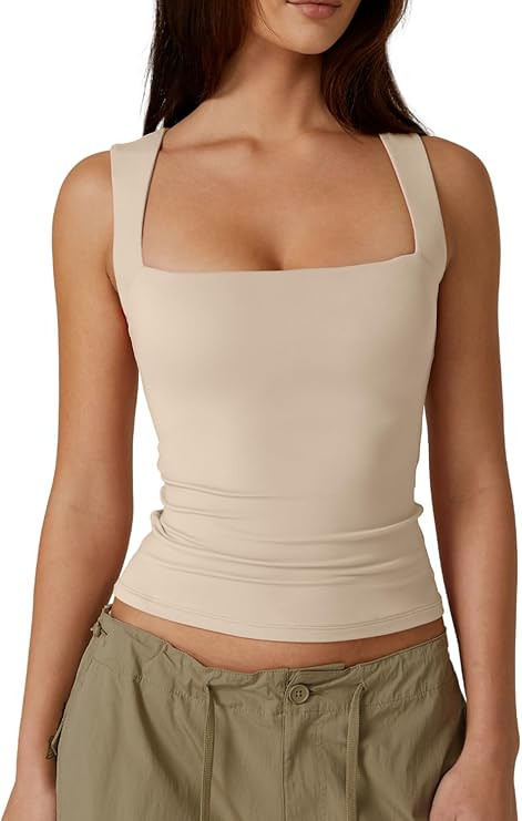 QINSEN Women's Square Neck Sleeveless Double-Layer Tank Tops Basic Tight T Shirts | Amazon (US)