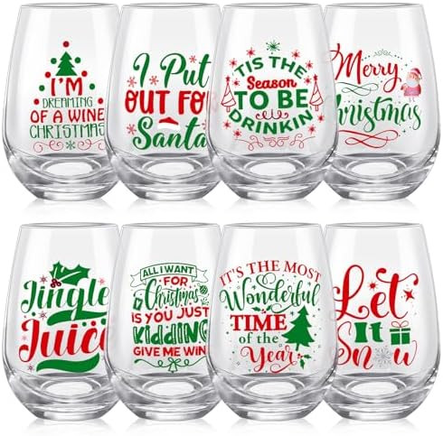 8 Pcs Christmas Wine Glass 15 oz Funny Stemless Wine Glasses Transparent Christmas Glasses Drinkw... | Amazon (US)