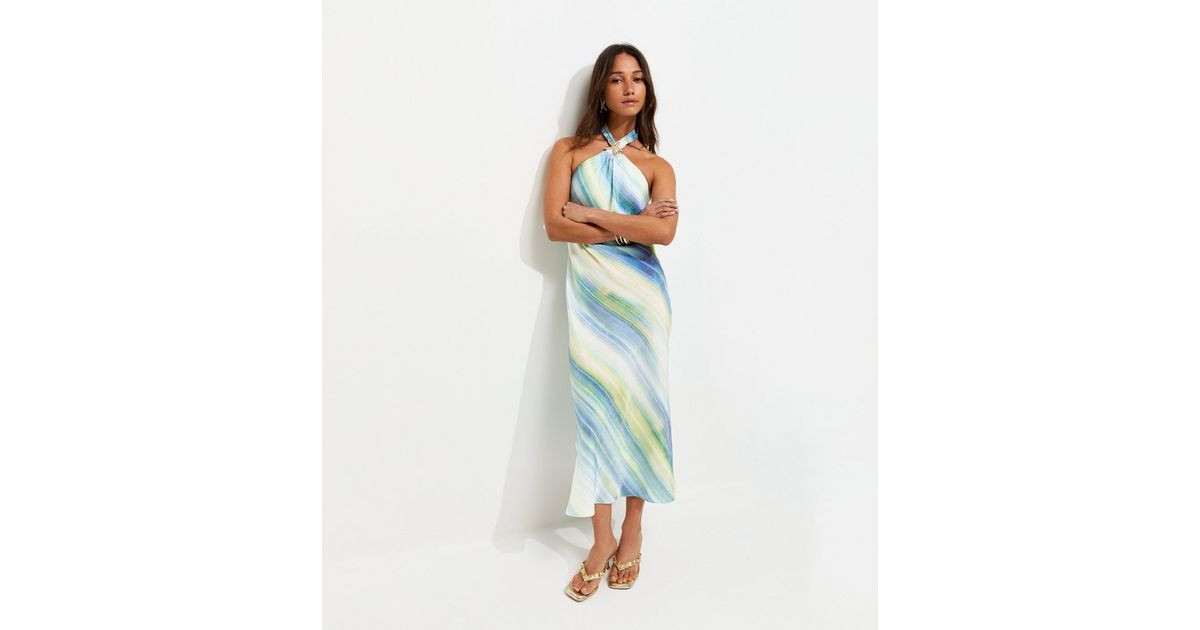 Women's Blue Diagonal Blurry Stripe Halterneck Midi Dress New Look | New Look (UK)