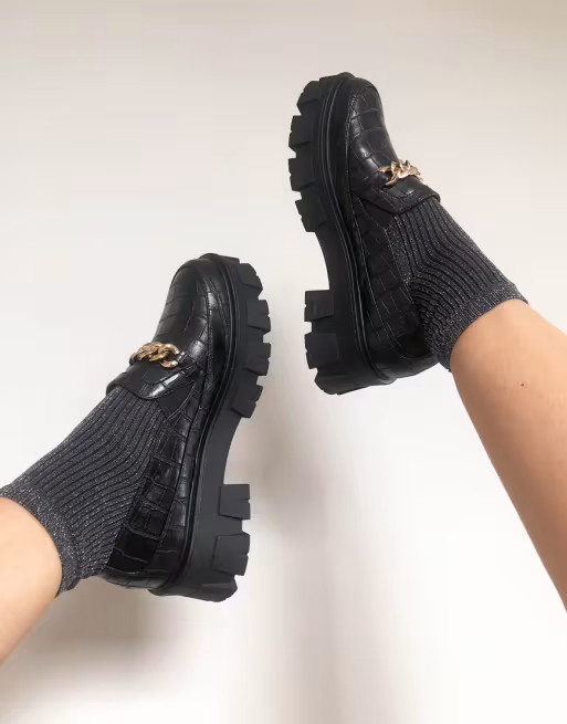 RAID Alessio chunky flat shoes with gold chain detail in black croc | ASOS (Global)