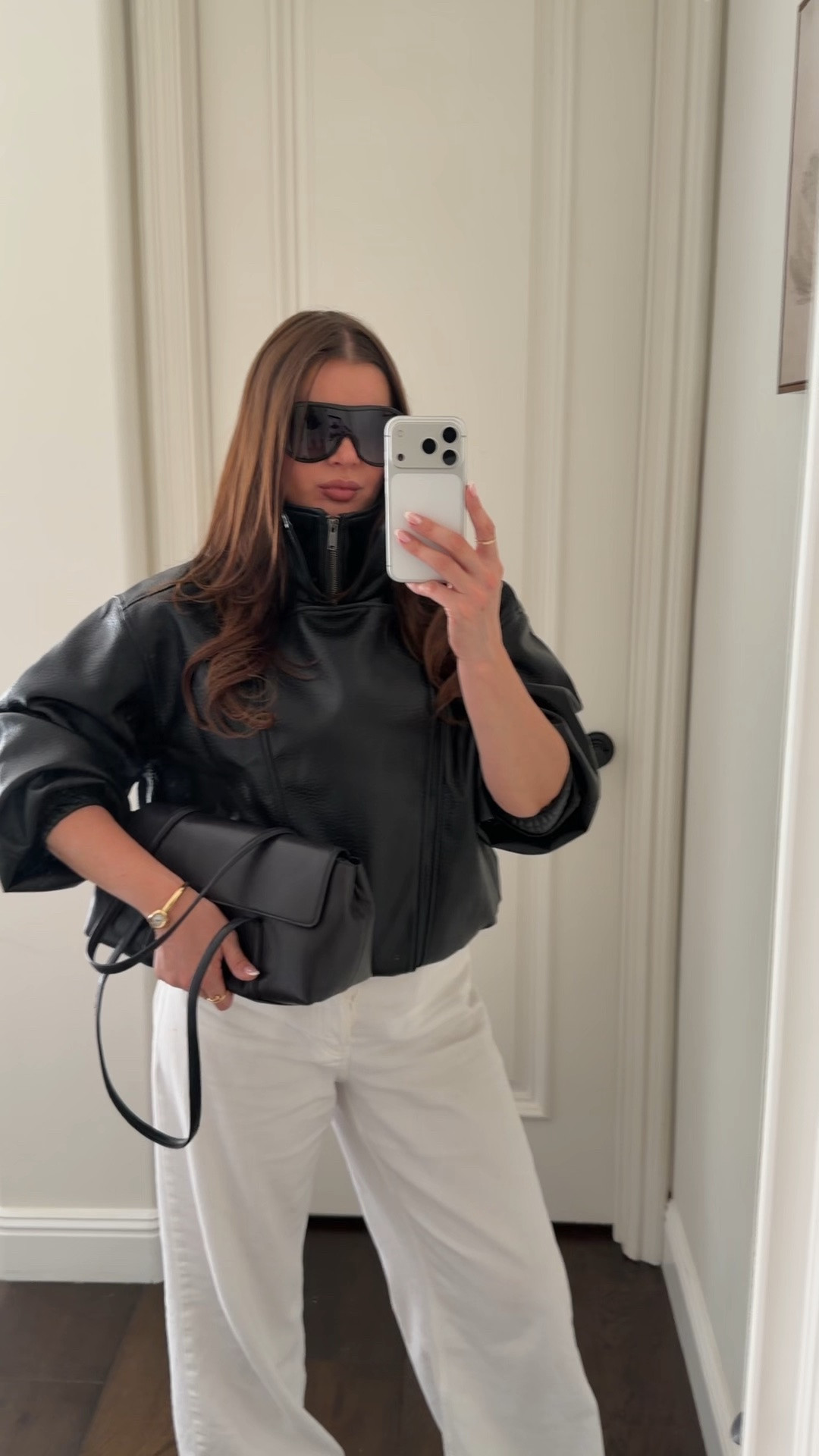 Styling @OAK + FORT leather jacket with white wide leg denim, suede sneakers, black shoulder bag and aviator sunnies. Casual outfit for everyday in the fall. 
#leatherjacket #falljacket #jeans #falloutfit #jacket #sneakers

#LTKootd #LTKgrwm #LTKSeasonal