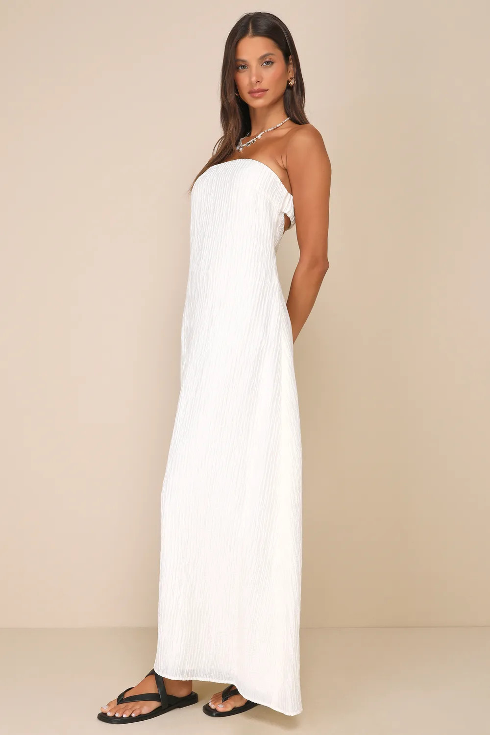 Radiant Season Ivory Plisse Cutout Strapless Maxi Dress | Lulus