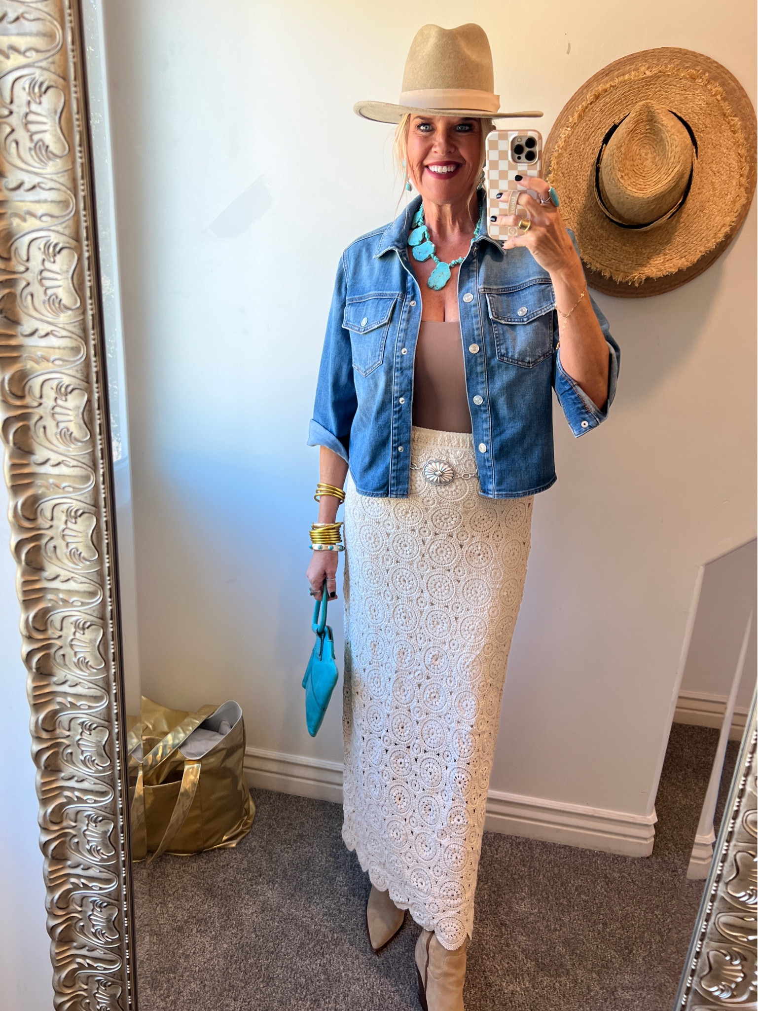 Western outfit inspo 

Perfect for Rodeo, country concert or festival… country dancing or barn party…
I’d wear this to Nashville and Round top Tx.

Crochet maxi skirt (so beautiful and the quality is so good,)
fully lined  and under $60 you’d never queasy this was hundreds of dollars. 

Pumiey bodysuit fits tts, buttery soft and works with regular bra/ thong back

Denim shirt jacket/ slightly cropped and light wight ( Chicos) might have sold out I’ll link like options 

Chicos silver  concho  belt, turquoise necklace, brackets and earrings

My rings are real turquoise and something I’ve been collecting for years 

Gold bangles
Are Budha girl 

Hat is lack of color 

Tall Boots are dolce Vita from a couple years ago:) I’ll link similar if I can’t find these in stock 


#LTKStyleTip #LTKSaleAlert #LTKFindsUnder100