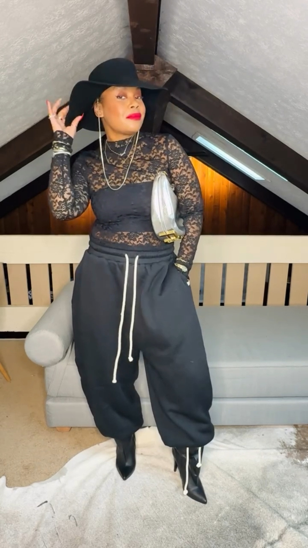 Hey boo! Date dinner night with my honey! I rarely wear all black everything, but I was feeling a moody vibe today! What y’all think?! I’m loving it! 🖤

Look deets:
Lace shirt @lioness_official @shopbop 
Sweats @lainarauma 
Boots @cristianzerotre 
Purse @fendi 
Hat @allsaints 
•
•
All black style, date night style, style over forty, hat style