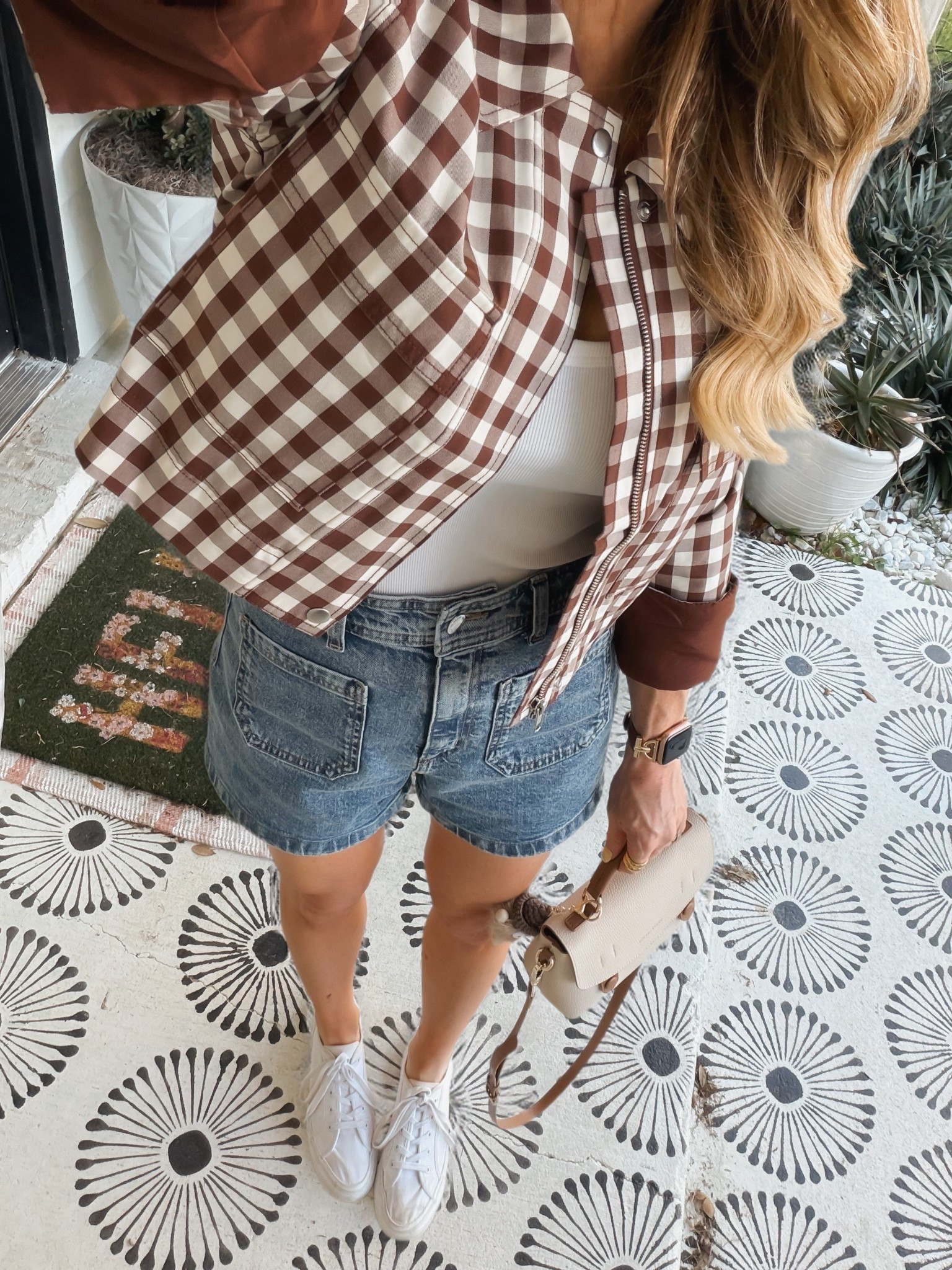 Dance mom ootn. 

Spring outfits 2026, spring cropped gingham jacket, denim shorts outfit, sneakers, casual shorts outfits

#LTKmomlife #LTKootd #LTKPetite
