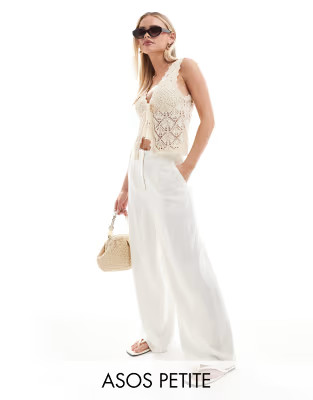 ASOS DESIGN Petite high waist seam detail trousers with linen in white | ASOS (Global)