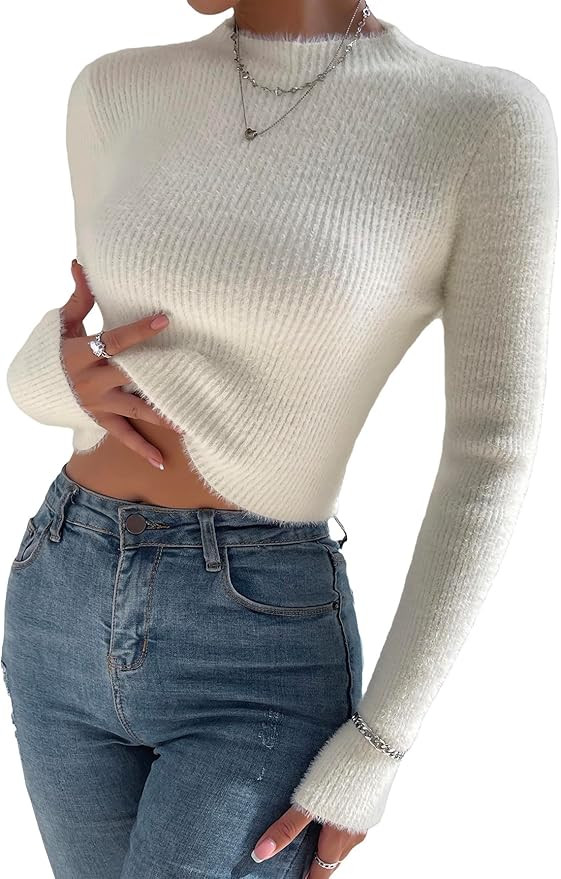 Verdusa Women's Mock Neck Long Sleeve Fuzzy Sweater Pullovers Slim Fitted Top | Amazon (US)