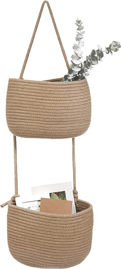 Over The Door Hanging Basket, 2 Tier Cotton Rope Woven Wall Basket, Magazine Racks Hanging Organi... | Amazon (US)