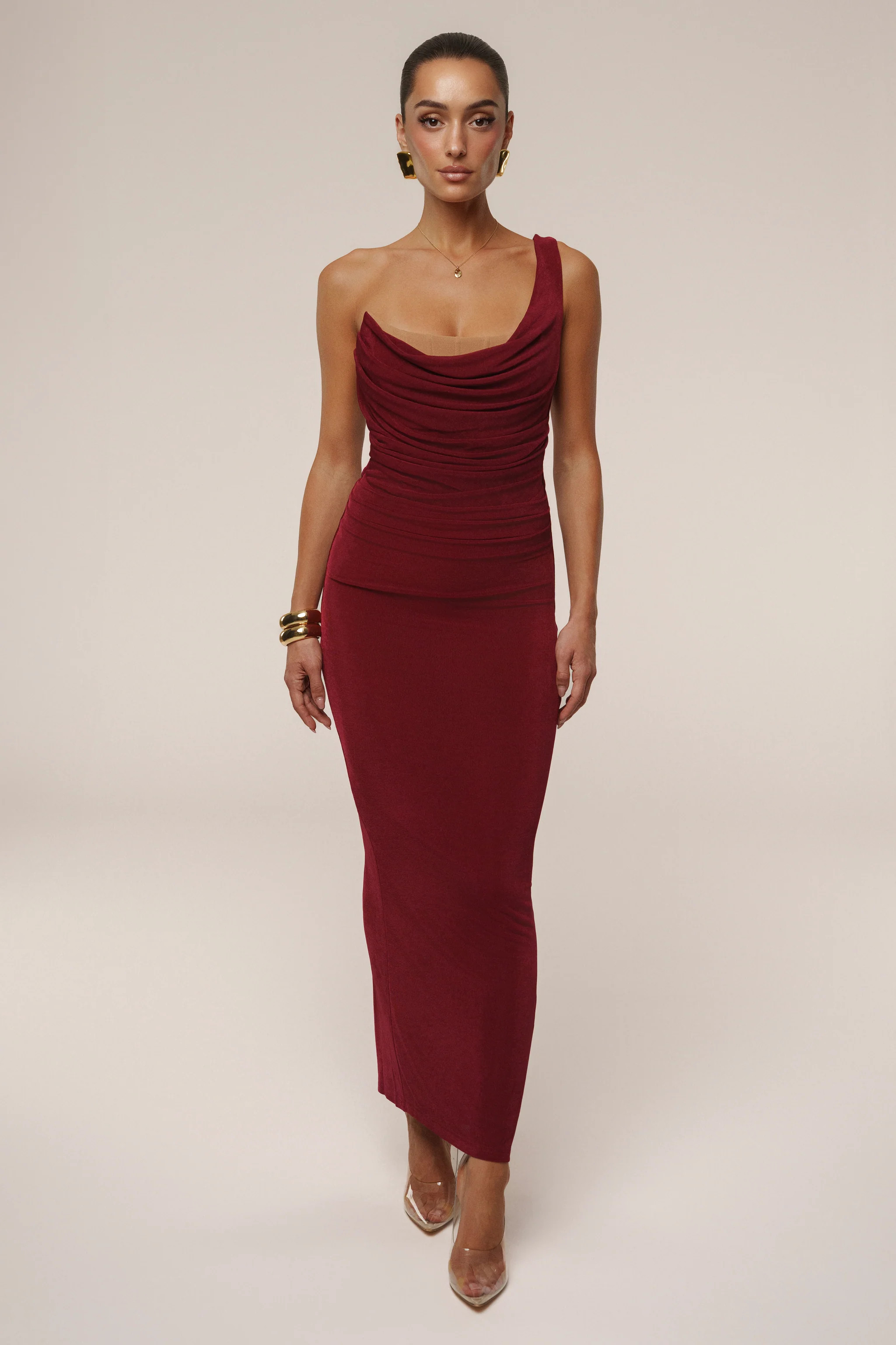 Burgundy Slinky Krishna One Shoulder Maxi Dress | JLUXLABEL