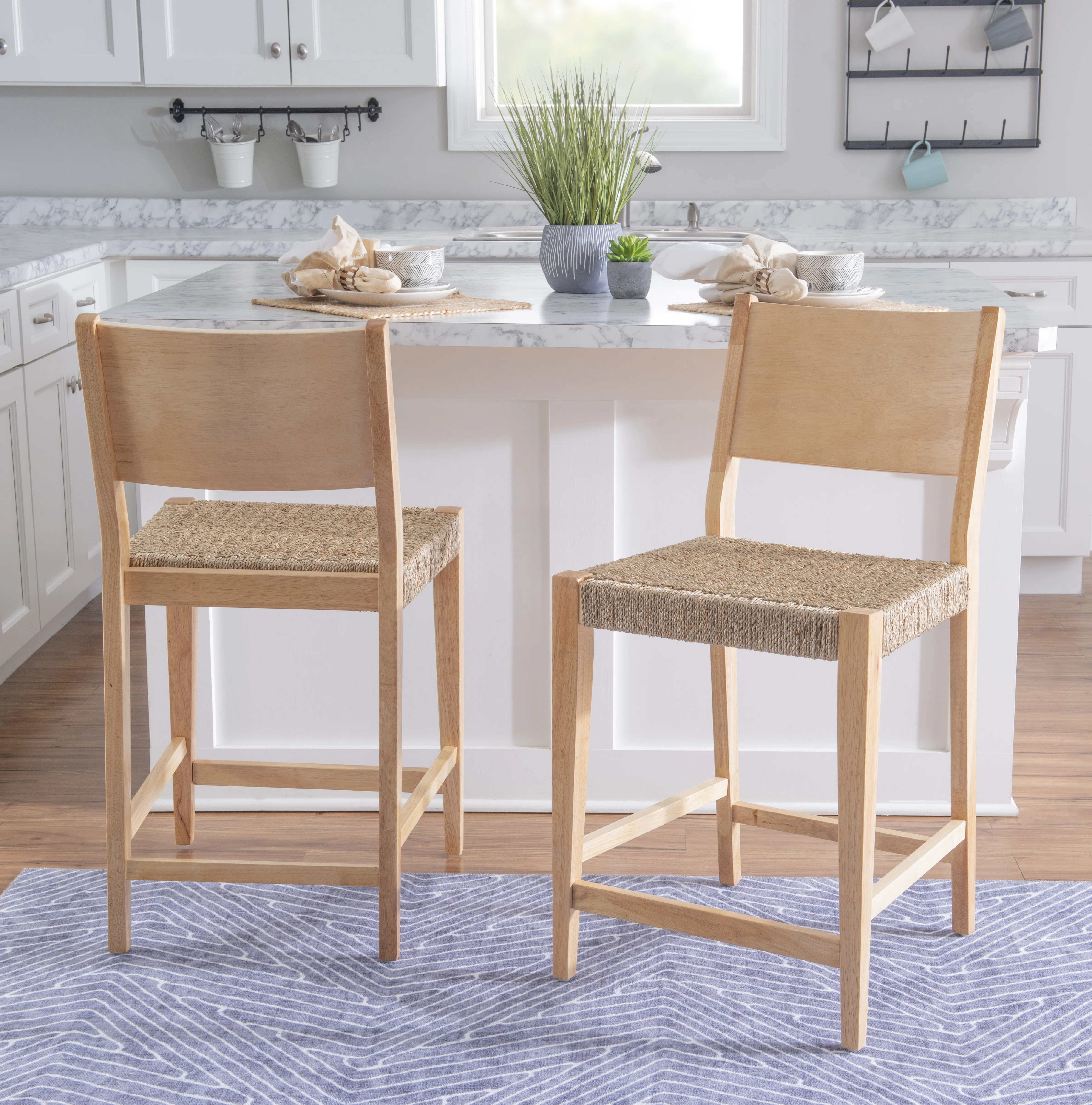 Aniek Solid Wood Natural Counter Stool with Handwoven Rattan Seat (Set of 2) | Wayfair North America
