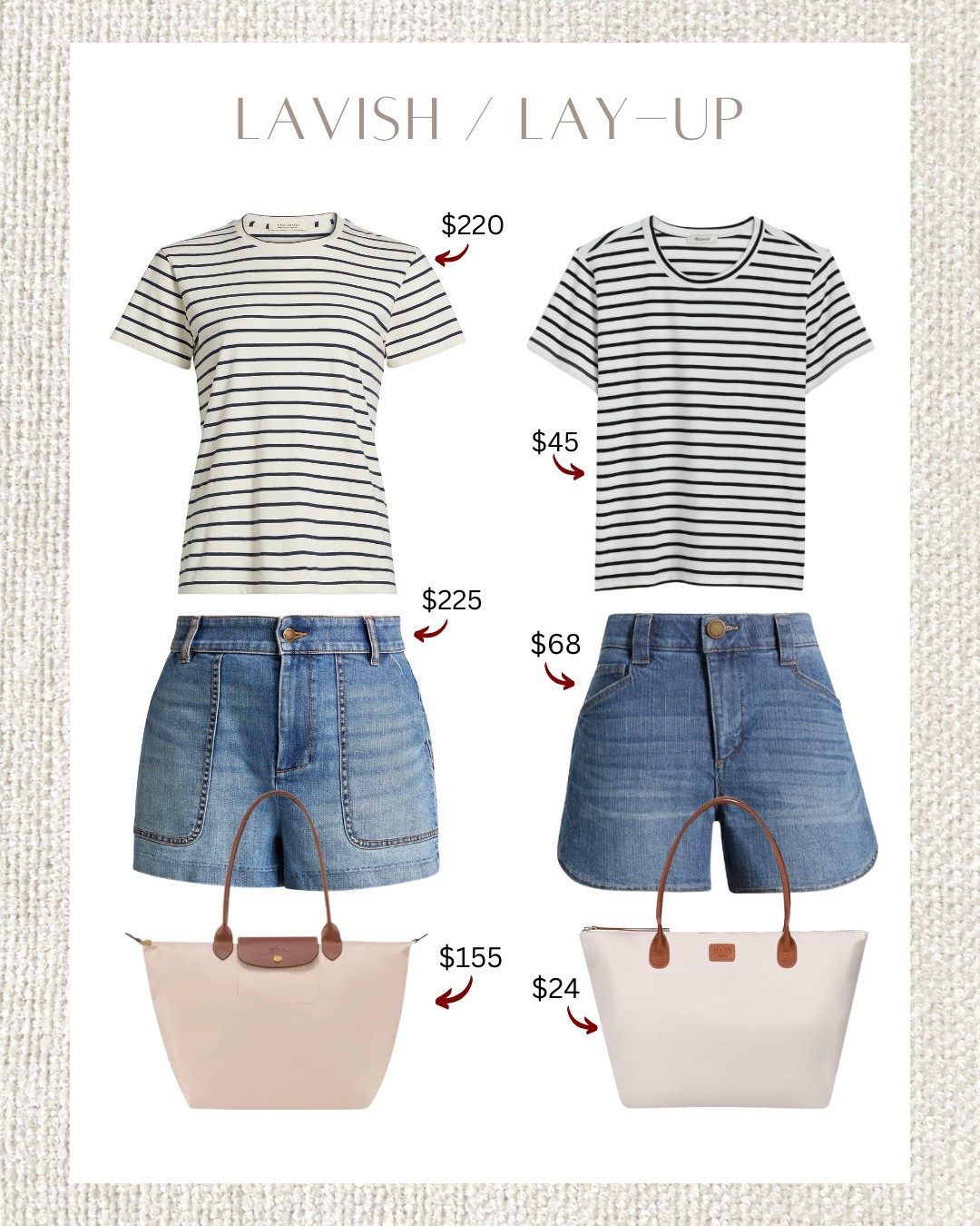 Same summer vibe, different price tag.
Striped tee + denim shorts + neutral tote = effortless and cute! Lavish or lay-up, you decide.

summer outfit, casual outfit, summer style, laffordable summer outfit



#LTKStyleTip #LTKItBag #LTKSummerEdit