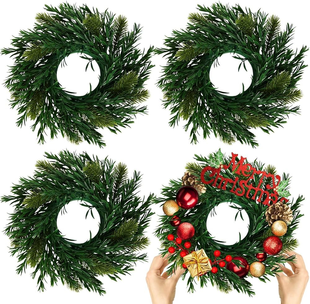 4 Pcs Christmas DIY Gree Wreath 10 Inch Christmas Green Artificial Wreaths DIY Faux Plain Wreaths... | Amazon (US)