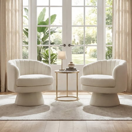 Ebello 29" Swivel Chair, 360° Modern Barrel Rotating Sherpa Teddy Fabric Accent Chair with Curved Back, Plush Cushion & Armrests for Living Room, Bedroom, Beige(set of 2) | Walmart (US)