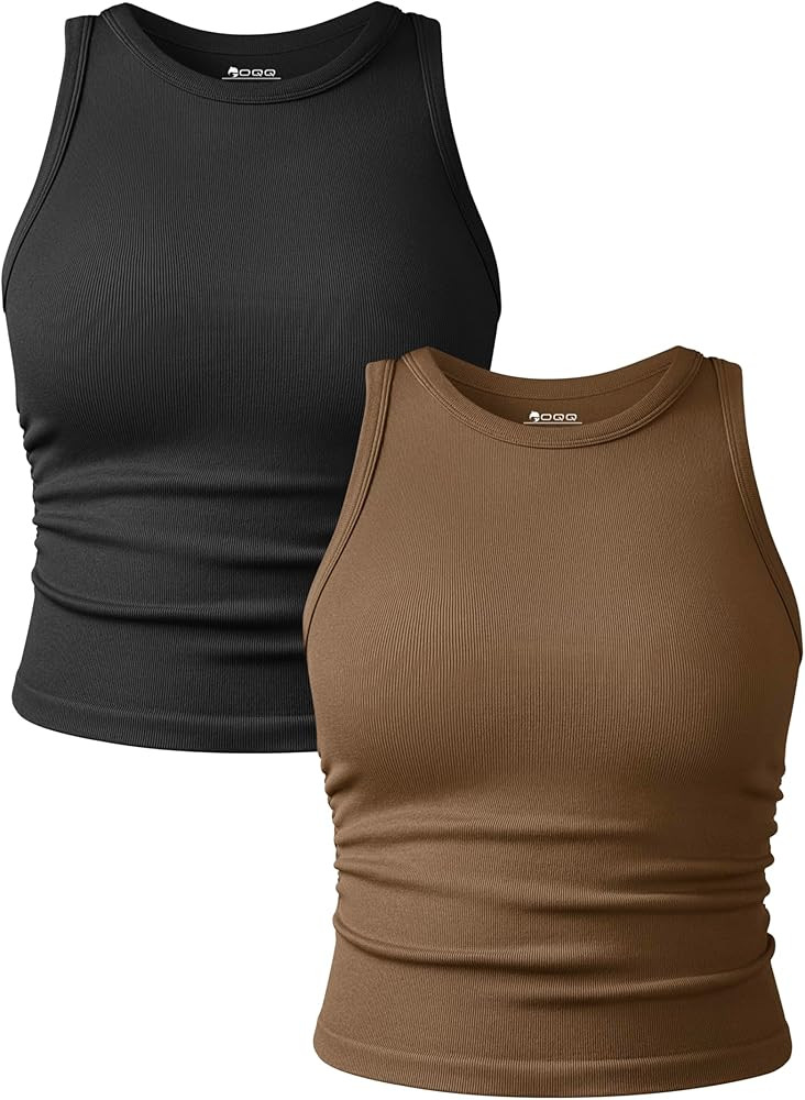 OQQ Women's 2 Piece Tank Tops Crew Neck Sleeveless Basic Stretch Casusal Yoga Crop Camis | Amazon (US)