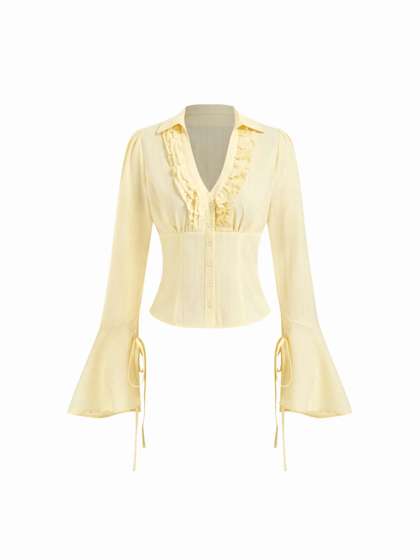 Woven Textured V-neck Lettuce Trim Knotted Cinched Waist Bell Sleeve Blouse For Vacation | Cider