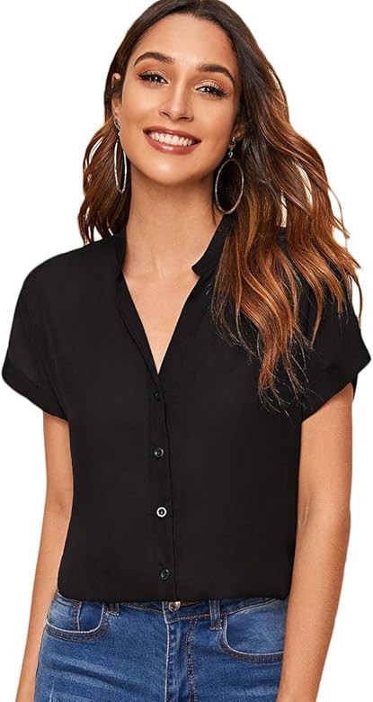 Romwe Women's Roll Cap Sleeve Button Down Notched Neck Blouse Tops Shirts | Amazon (US)