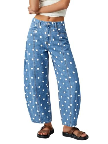 Tankaneo Womens Polka Dot Barrel Jeans High Waisted Wide Leg Denim Pants | Amazon (US)