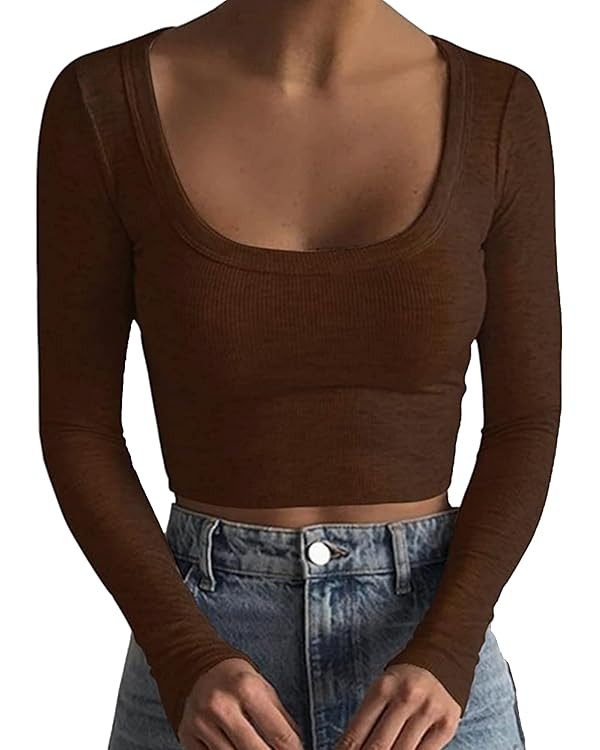 Long Sleeve Crop Tops for Women Ribbed Knit Slim Fit Cute Scoop Neck Tees Soft Top Y2K Stretch T ... | Amazon (US)