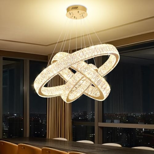 IDEQUY Modern Led Gold Ring Chandelier Luxury 3 Ring Crystal Chandelier Led Dimmable Light for Dining Room Height Adjustable Led Pendant Light 32''+24''+16'' | Amazon (US)