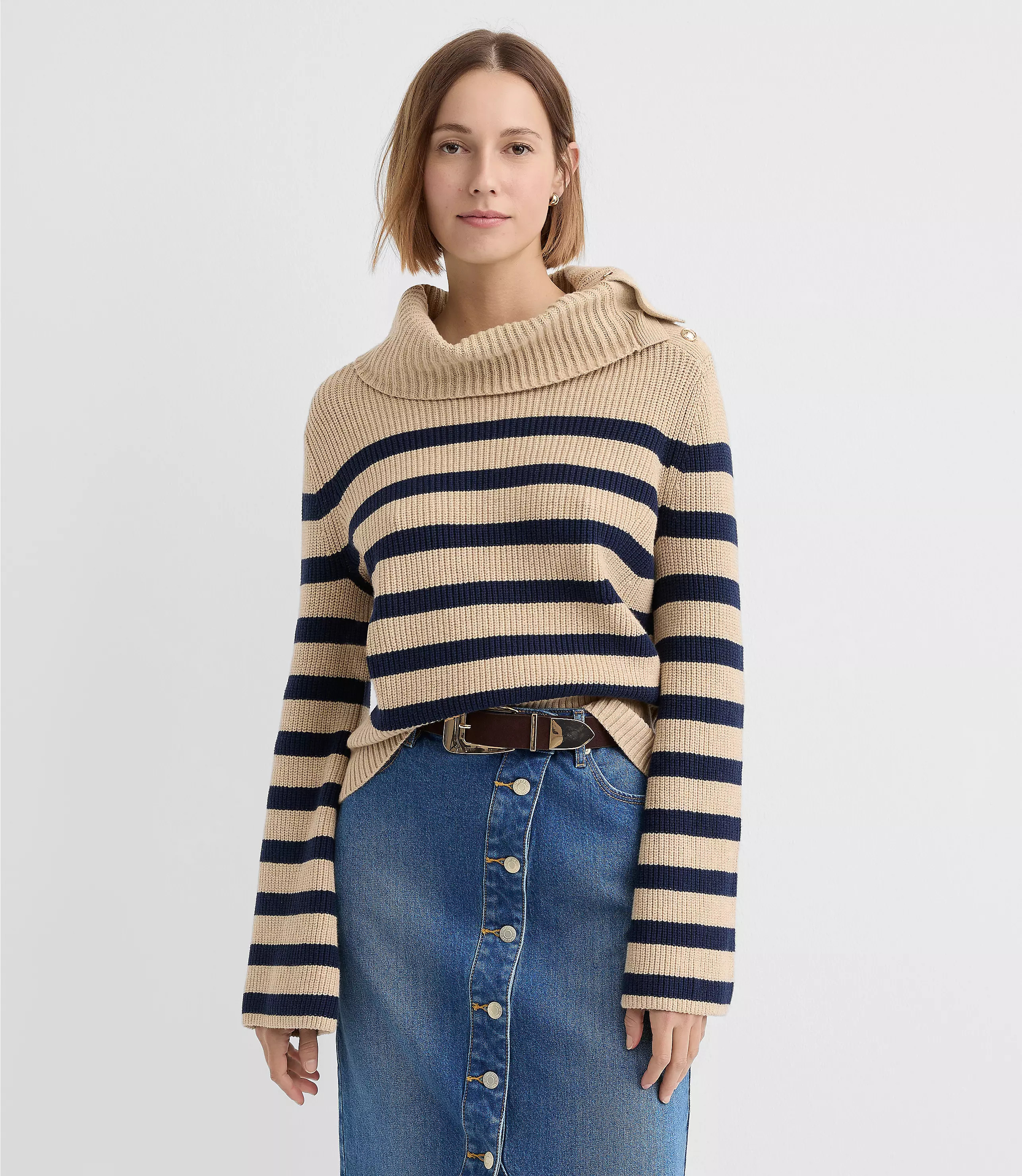 Petite Stripe Button Neck Flare Sleeve Sweater | LOFT