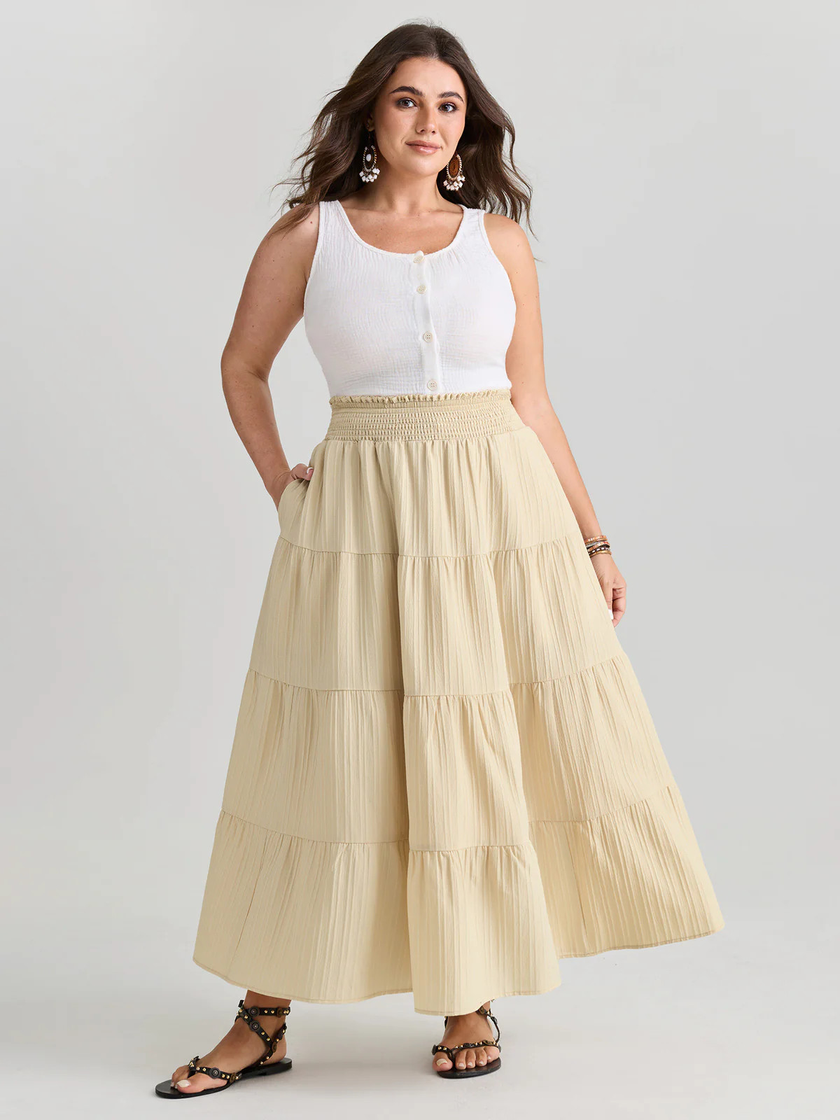 Shirred Wide Waistband Tiered Maxi Skirt | Bloomchic