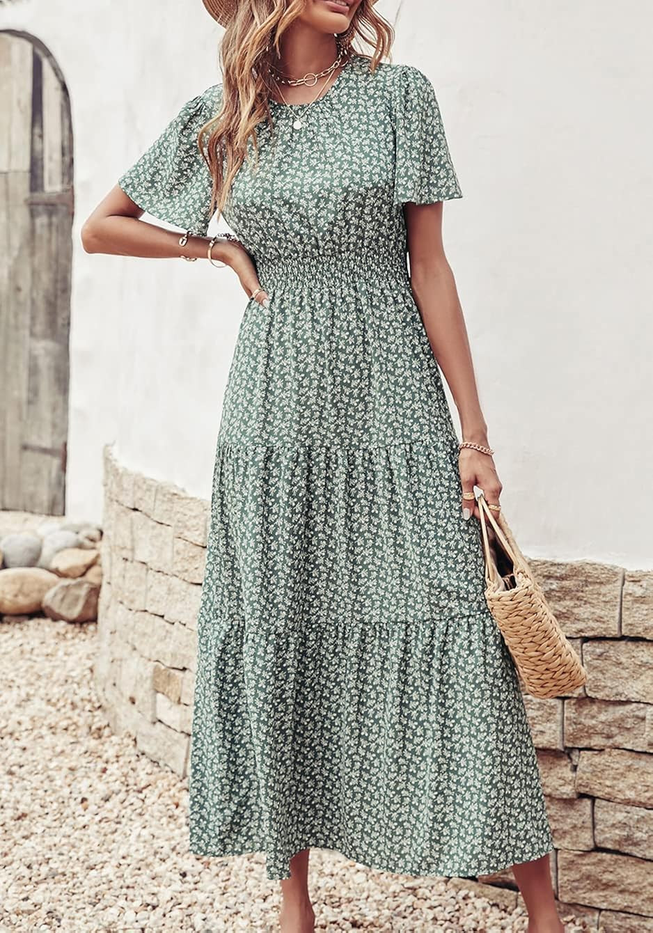 PRETTYGARDEN Women's Summer Casual Short Flutter Sleeve Round Neck Smocked Waist Tiered Boho Flor... | Amazon (US)