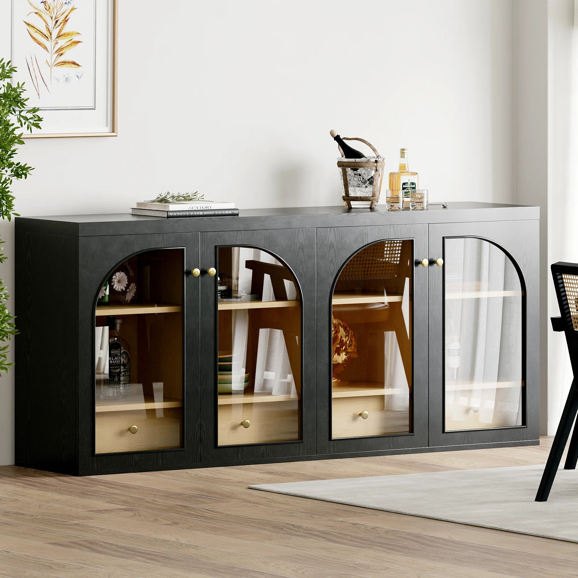 Archline Modern Dining Sideboard - Solid Wood Credenza with Glass Doors & Drawers, Medium Wood To... | Wayfair North America
