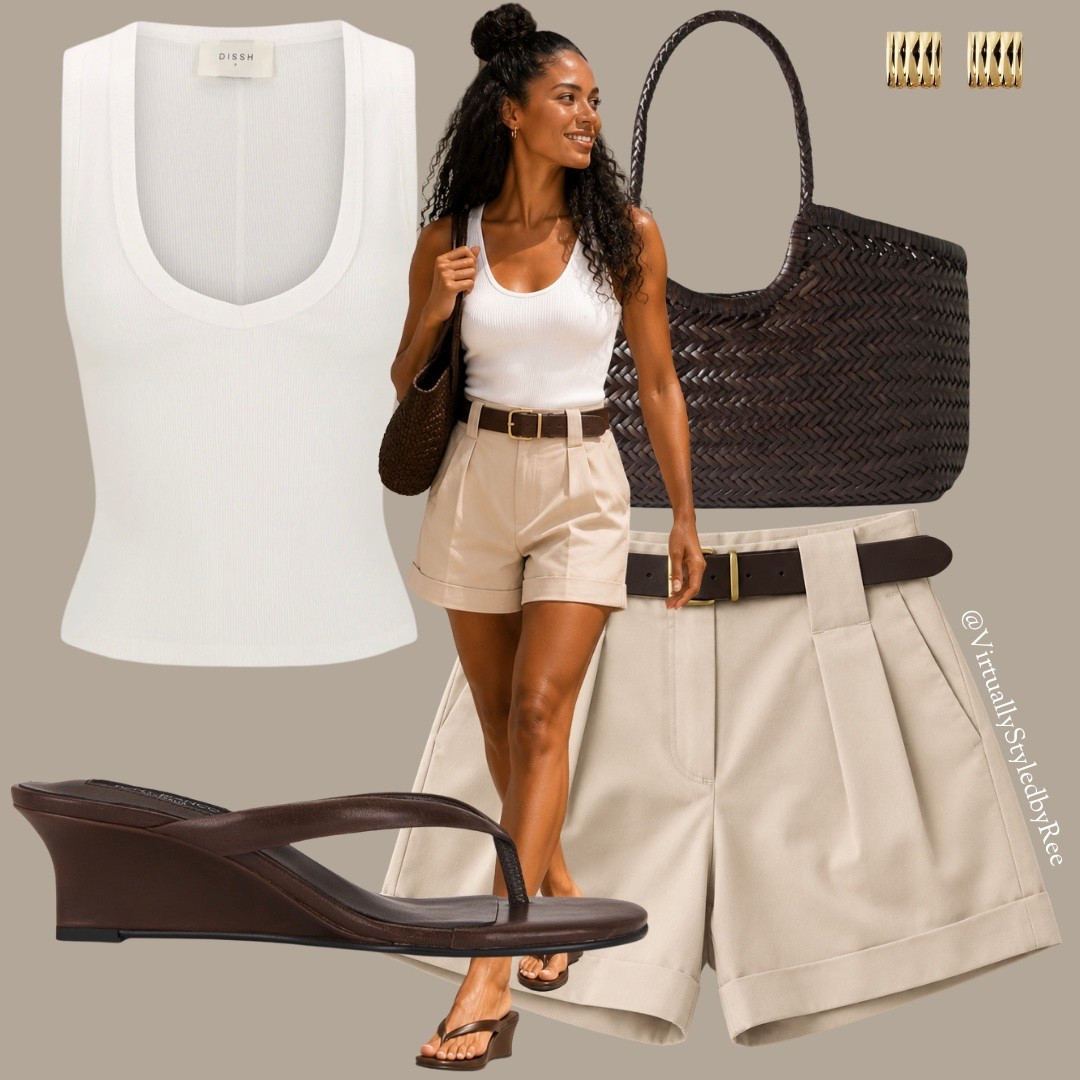 Proof that simple always wins. A white tank top, tailored shorts, woven leather bag, and wedge thongs create the ultimate quiet luxury summer look ☀️🤍

#LTKsummer #LTKuk #LTKeurope