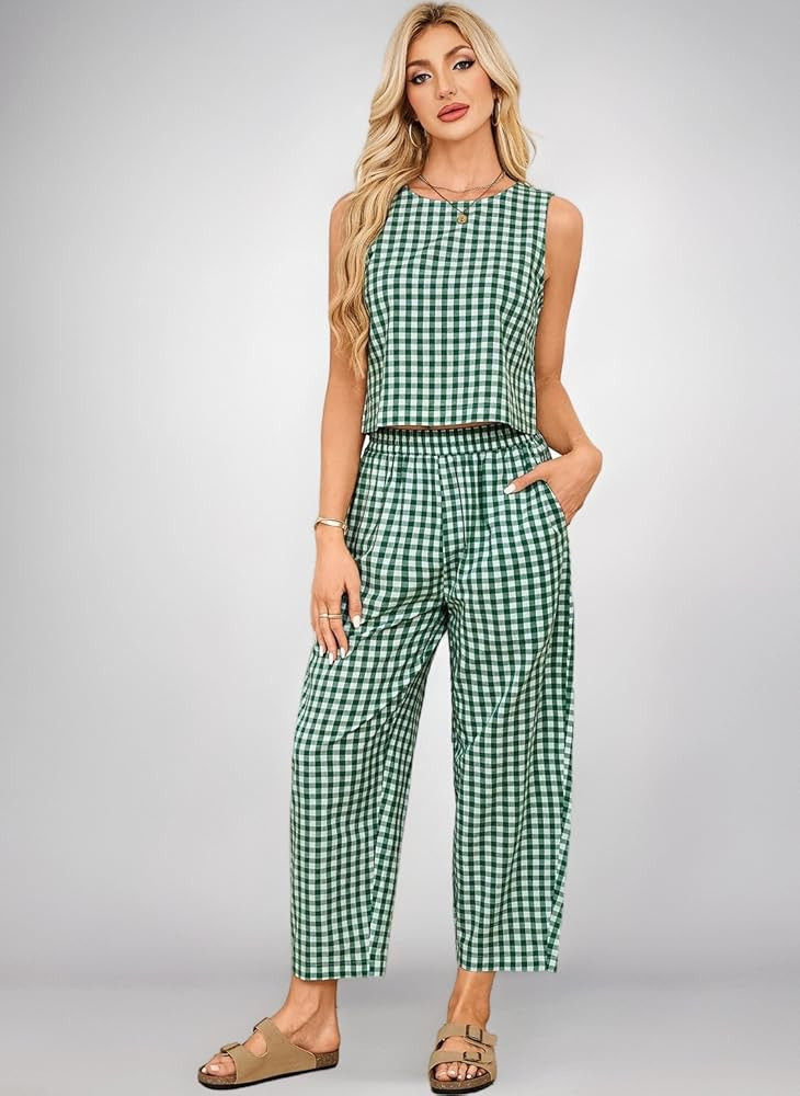 Gingham Summer Two Pieces Outfit Women Relaxed Boxy Fit Plaid Checked Pattern Leisure Wear Sets S... | Amazon (UK)