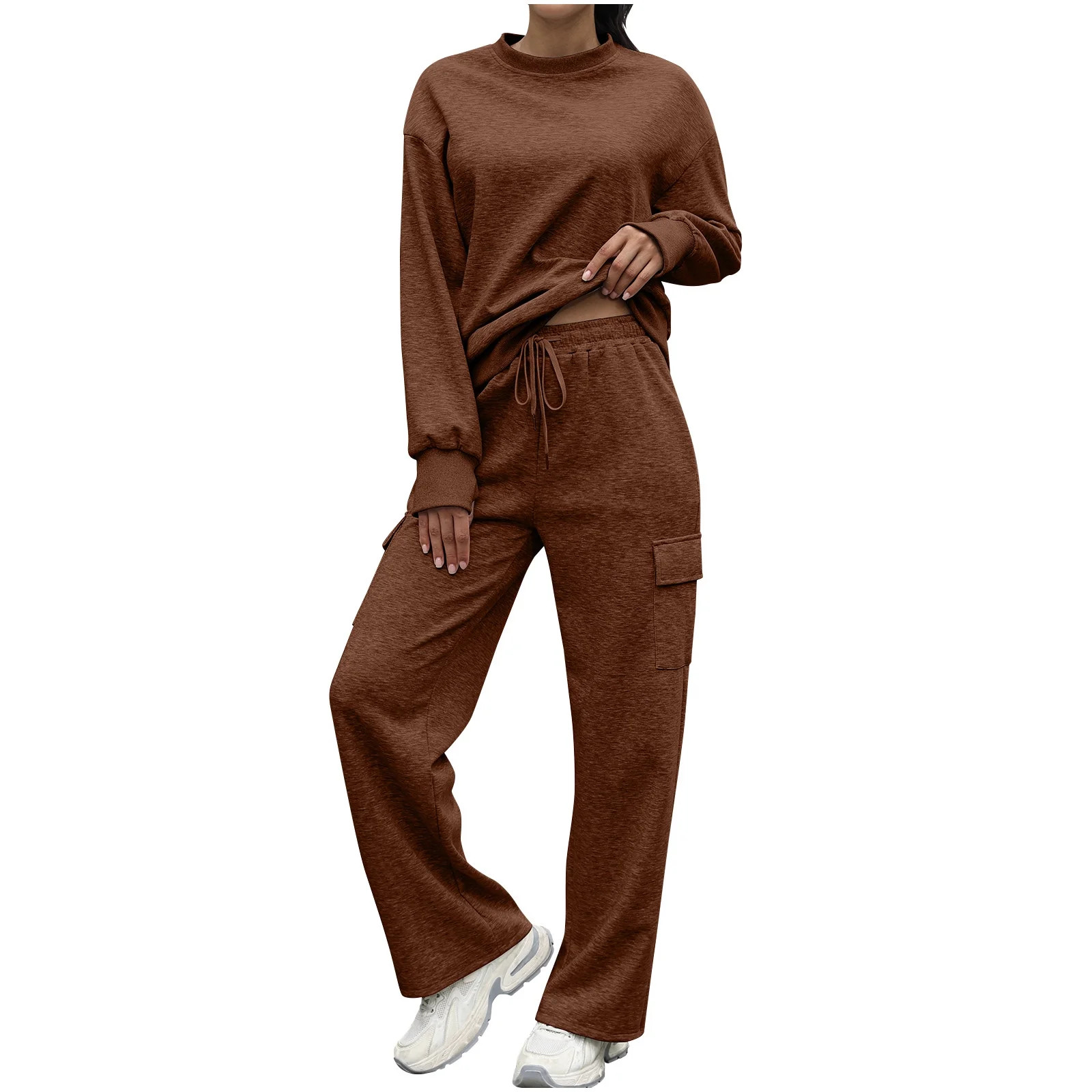 AINIYS Women Two Piece Sets Crewneck Pullover Sweatshirt High Waisted Drawstring Wide Leg Cargo P... | Walmart (US)