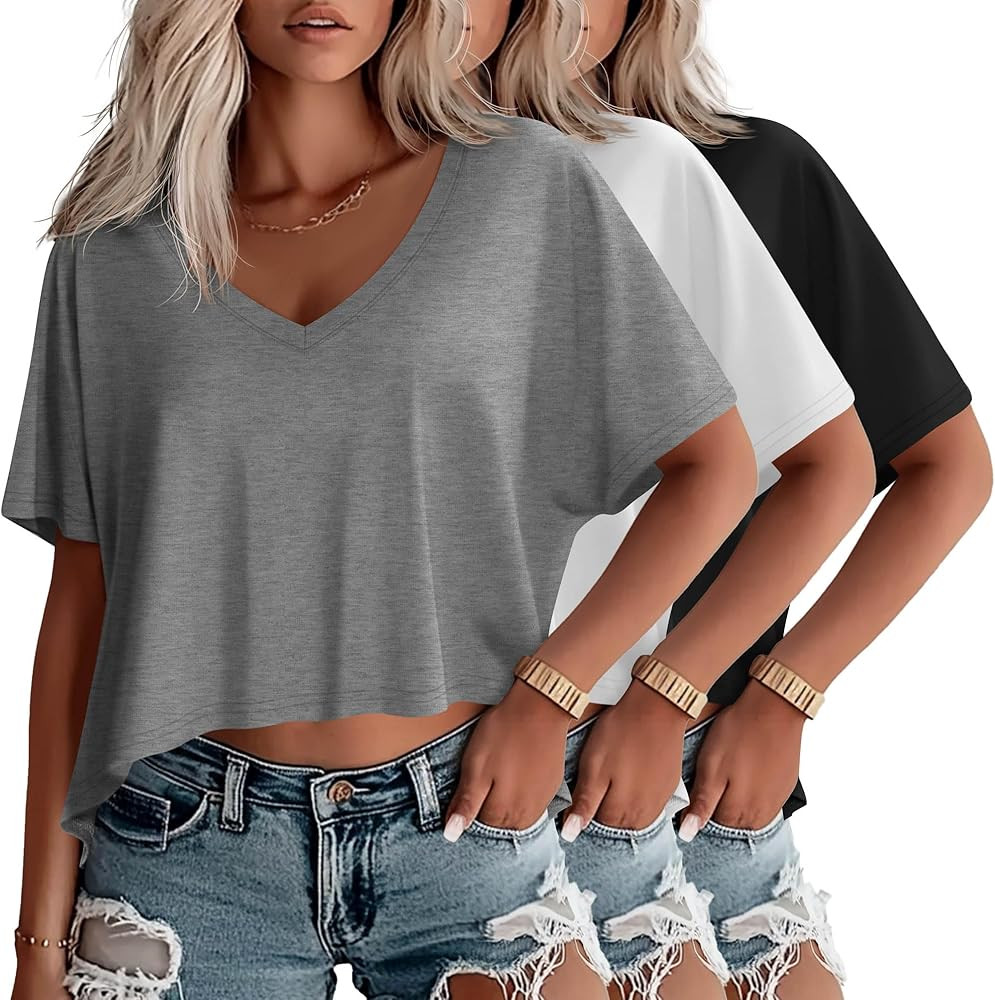 Huukeay 3 Pack Oversized T Shirts for Women Short Sleeve Crop Tops V Neck Tops Irregular Hem Bagg... | Amazon (US)
