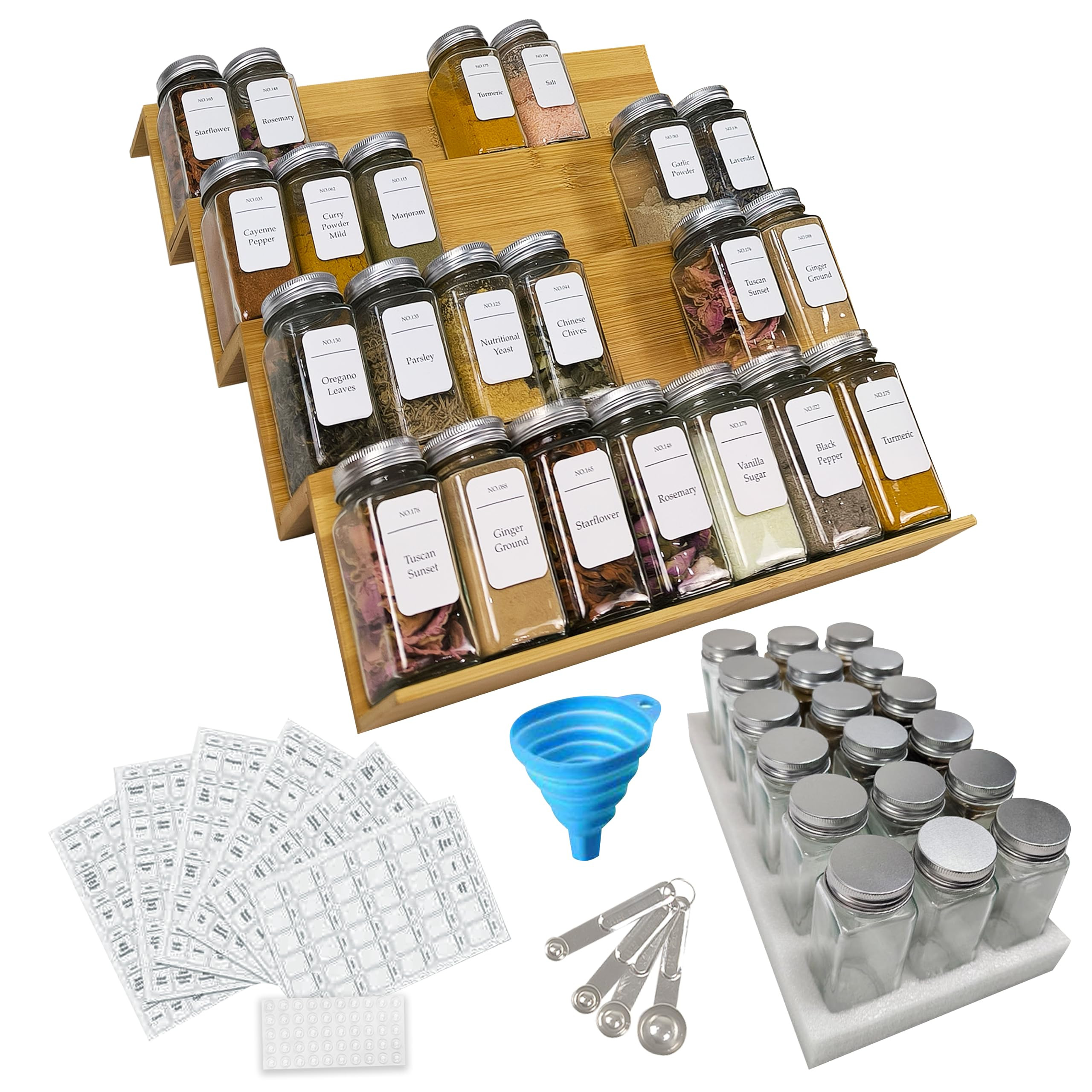 Spice Drawer Organizer with Jars and Labels, Bamboo Spice Rack For Drawer, Spice Organization For... | Amazon (US)