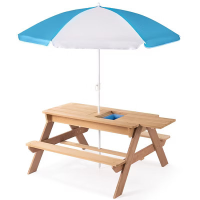 KTMBDW Kids Picnic Table, Outdoor Wooden Table & Bench Set w/Removable Umbrella, Built-in Seats, Children Backyard Furniture for Patio Garden, Natural | Target