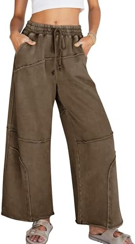 Athlisan Womens Casual Wide Leg Sweatpants Baggy High Waist Acid Wash Palazzo Pants with Pockets | Amazon (US)