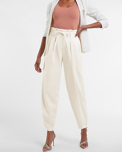 Super High Waisted Belted Linen-Blend Paperbag Ankle Pant | Express