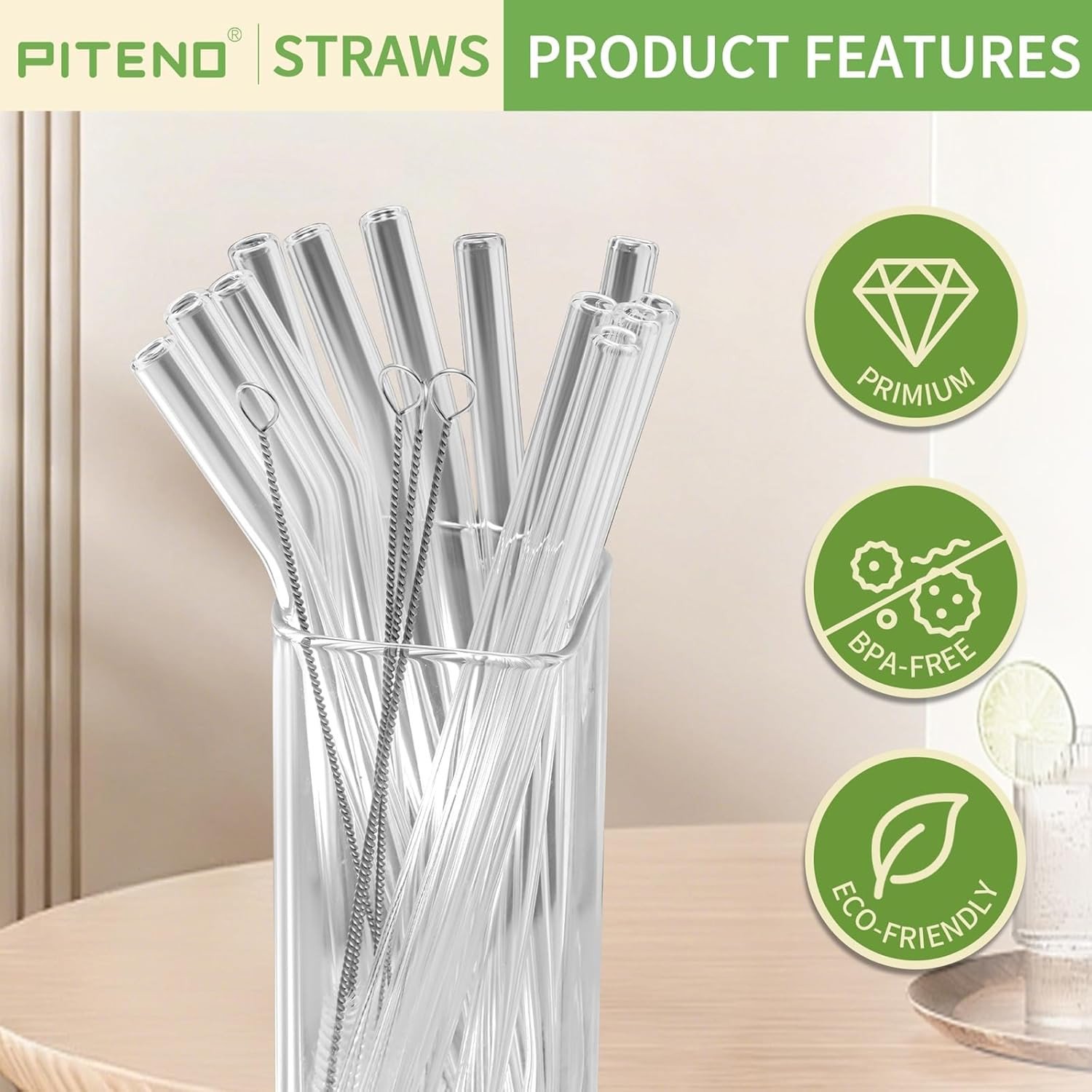Piteno® 12Pcs Glass Straws with 4Pcs Brushes, Reusable Clear Glass Drinking Straws, 8.5''x10MM, ... | Amazon (US)