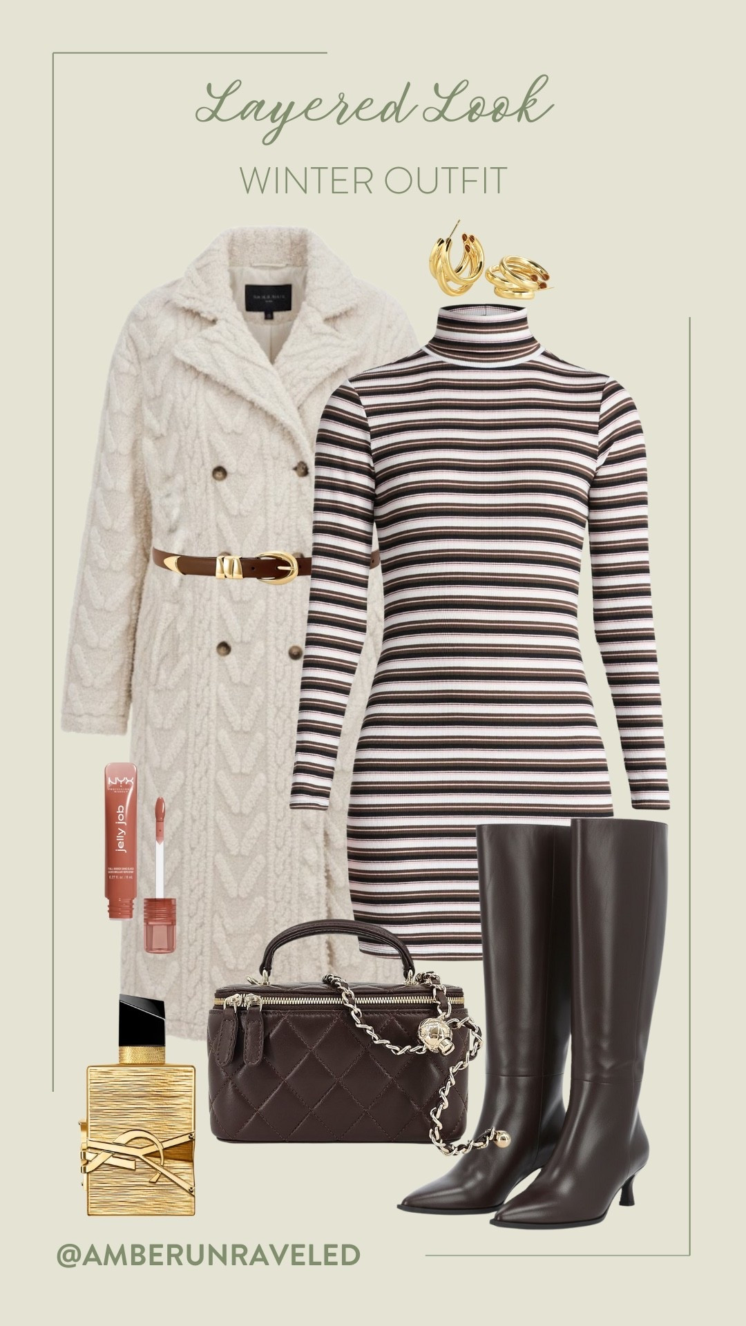 If you're looking for an effortless way to dress up in the cold, try this layered outfit! The simple striped dress and tall dark boots perfectly complement the texture of the cream cable knit coat. elegant look, luxe fashion, winter outfit, timeless style, wardrobe refresh, cozy outfit, boots season, brunch date

#LTKFindsUnder50 #LTKSeasonal #LTKU
