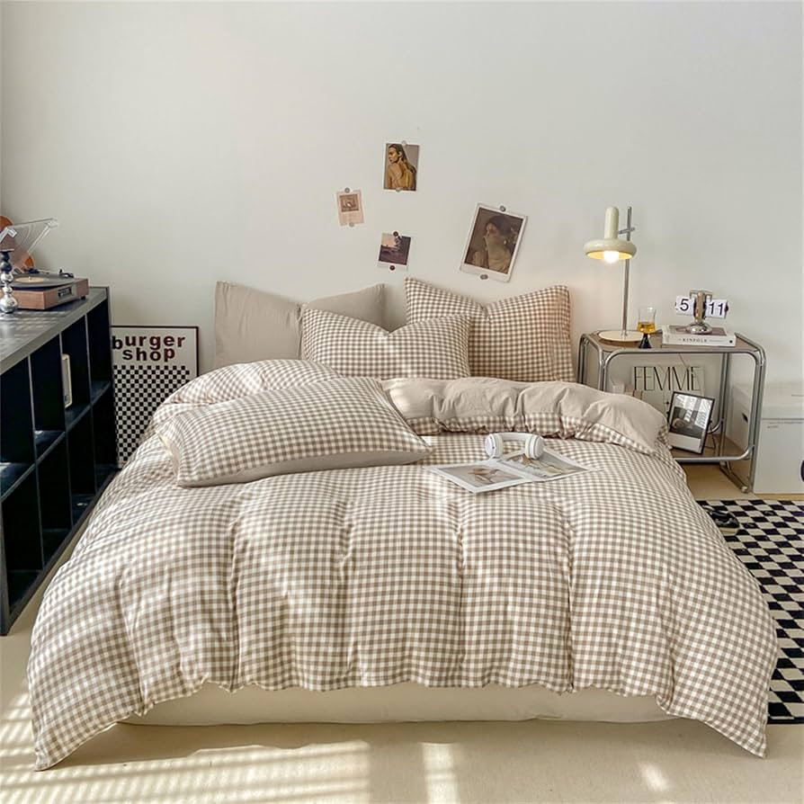 Nayoroom Gingham Duvet Cover Queen Size Brown Tan Plaid Checkered Comforter Cover Grid Farmhouse ... | Amazon (US)