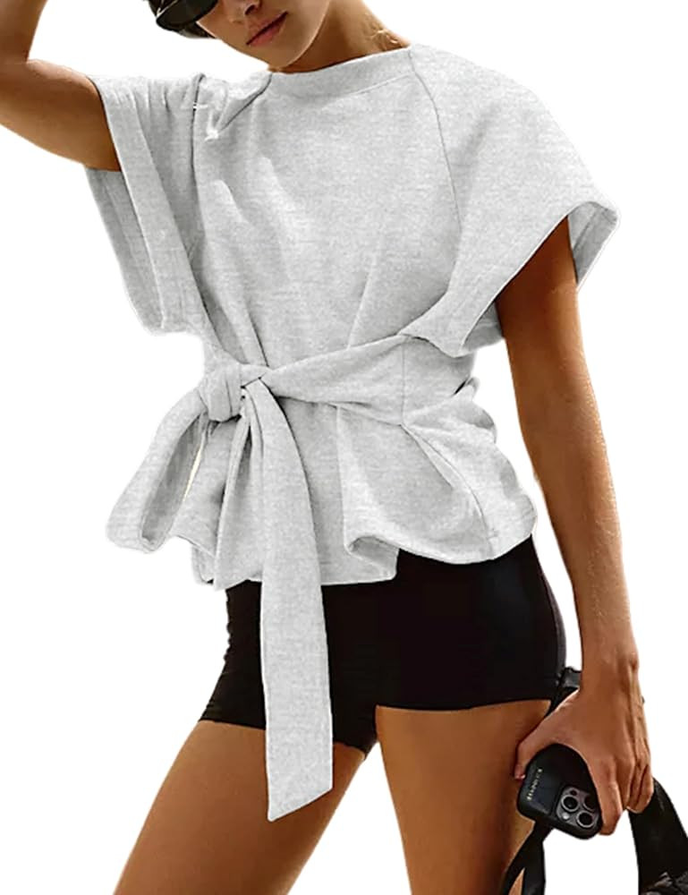 Zhiyouni Women's Summer Short Sleeves Tee T Shirt Crewneck Tie Knot Tops Sweatshirt | Amazon (US)