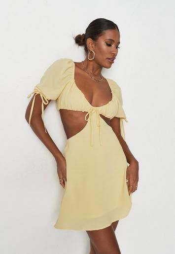 Lemon Dobby Mesh Cut Out Milkmaid Dress | Missguided (US & CA)