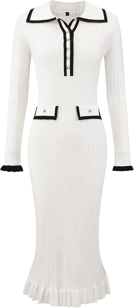 Hobemty Women's Long Sleeve Sweater Dress Contrast Trim Ruffled Fall Winter Ribbed Knit Bodycon D... | Amazon (US)