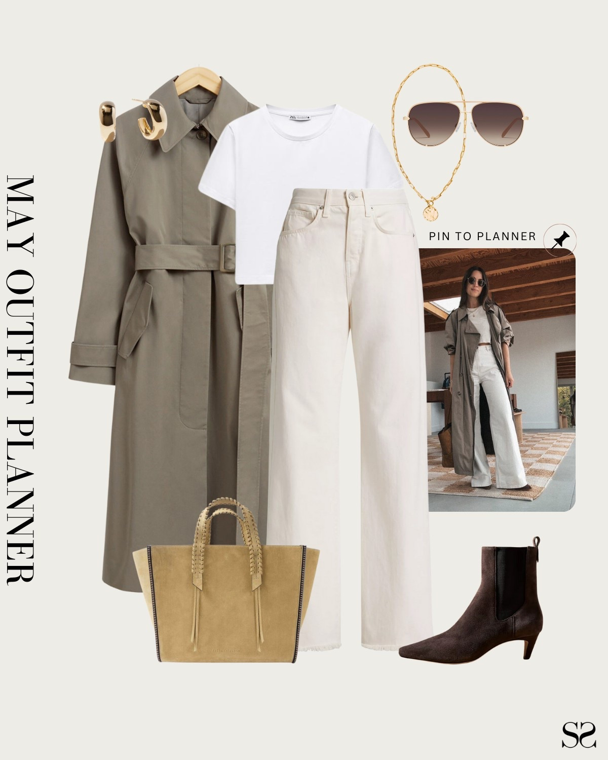 Monthly outfit planner MAY: Spring looks, pin to planner outfit inspo | full length ecru denim, white cropped tee, trench coat, suede tote, brown ankle boots

#casualoutfit #springoutfit 

Image credit: @natalieborton 

#LTKStyleTip