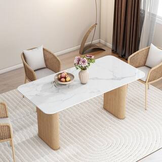 Modern White Wooden Wall Clock, Marble Tabletop Dining Table with Wooden Legs | The Home Depot