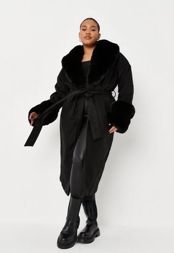 Missguided - Plus Size Black Faux Fur Trim Longline Belted Coat | Missguided (US & CA)
