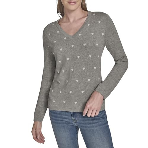 Tommy Hilfiger Women's Sportswear V-Neck Hearts Ivy Sweater, Medium Heather Grey Multi, Medium | Amazon (US)