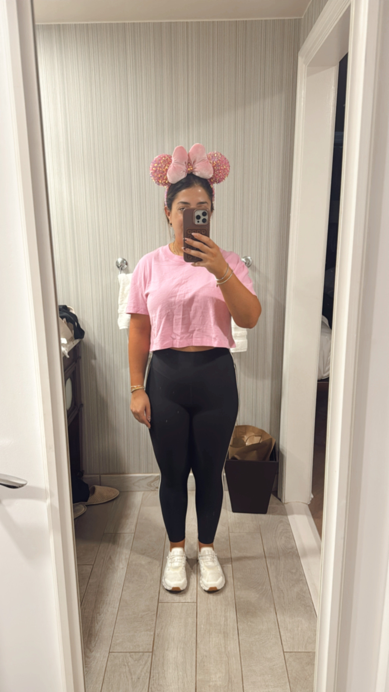 Disney pink and black outfit. Sequin pink (and velvet) Minnie Mouse ears are a must. Pink cropped top with my favorite Amazon leggings. Disney outfit inspo, Disney World outfit, Disney mom outfit. 

 #LTKActive #LTKPetite #LTKFindsUnder50