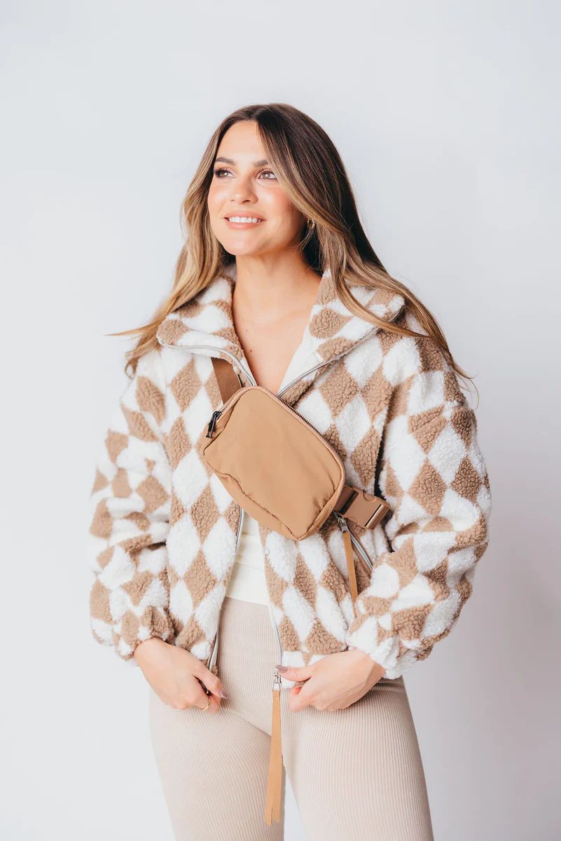 Zip Up Checkered Puff Jacket in Taupe | Worth Collective