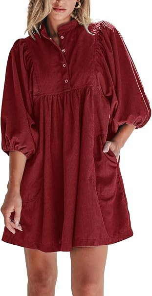 Womens Casual Dresses Corduroy Button Up Empire Waist 3/4 Sleeve Fall Winter Mini Babydoll Dress | Amazon (US)