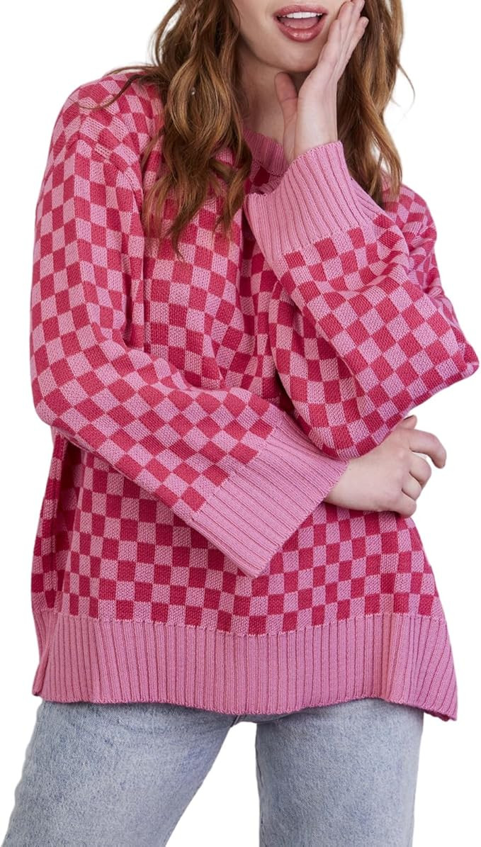 Women Y2K Checkered Sweater Crewneck Long Sleeve Oversized Preppy Plaid Knit Pullover Sweater Jum... | Amazon (US)