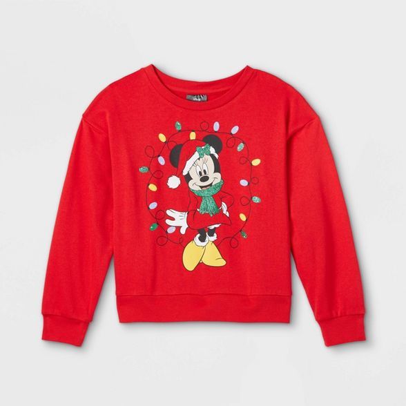 Kids' Disney Minnie Mouse Ugly Fleece Pullover Sweatshirt - Red | Target